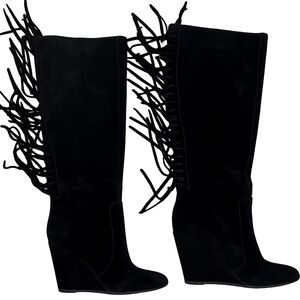 Carlos Falchi Zoe Black Fringe Knee-High Wedge Boots
